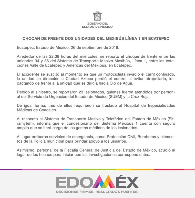 Choque de dos unidades del Mexibús deja 23 heridos en Ecatepec - comunicado-del-sistema-de-transporte-masivo-del-edomex