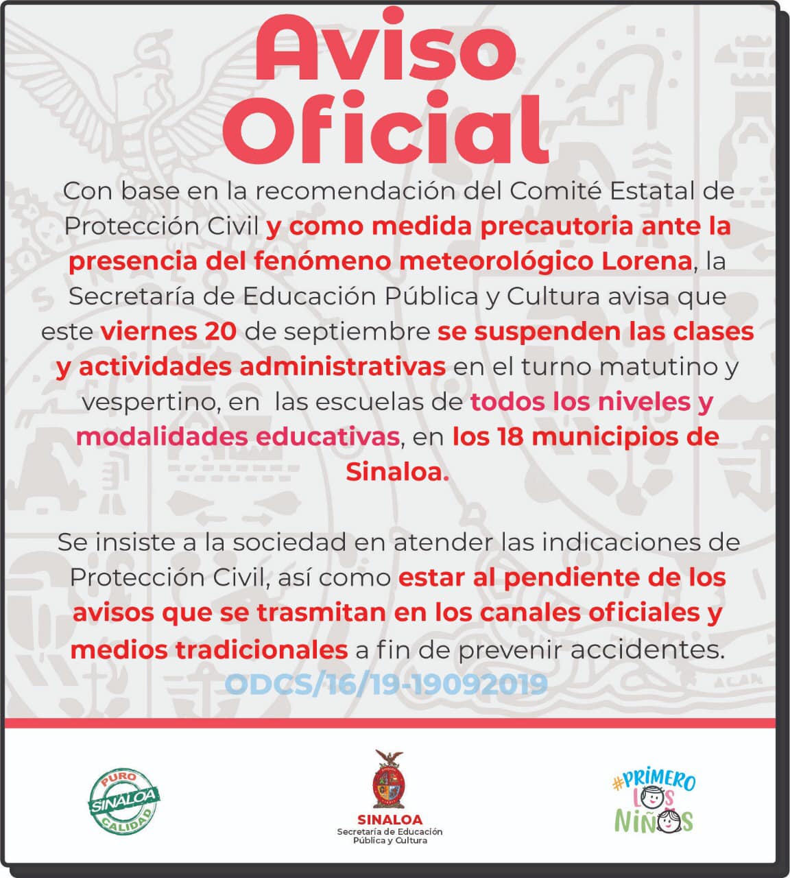 Suspenden clases para el viernes en Sinaloa por paso de Lorena - comunicado-sinaloa-clases-lorena