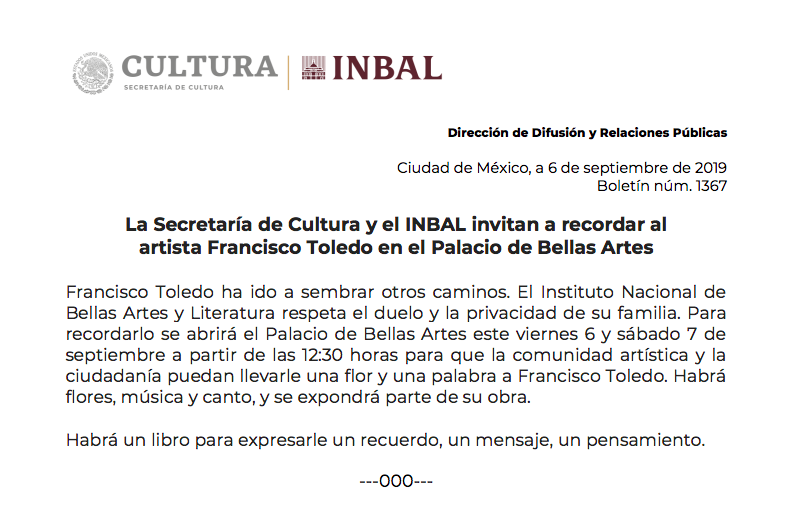 Recuerdan a Francisco Toledo en Bellas Artes - comunicado