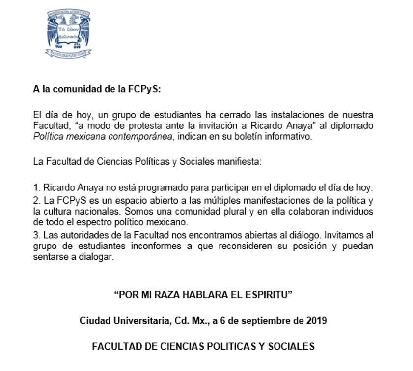 Facultad de Ciencias Políticas defiende participación de Anaya en diplomado - fac