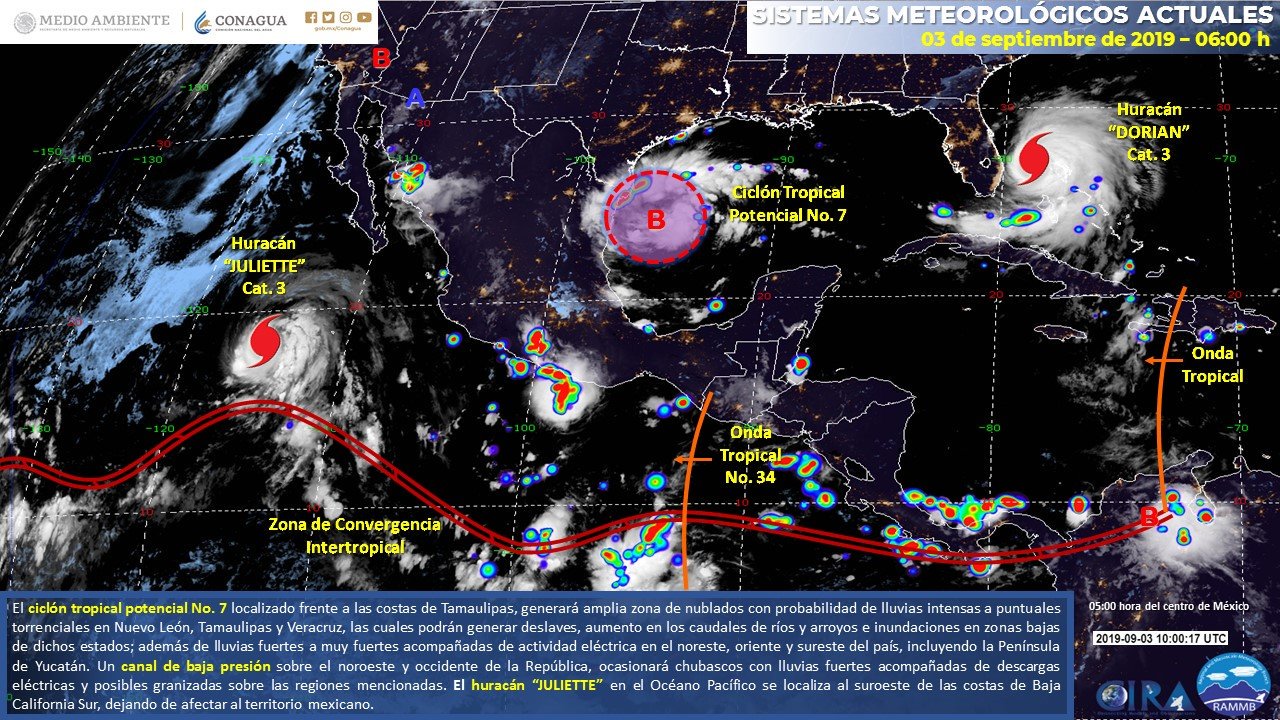 Ciclón tropical y huracán Juliette favorecerán lluvias en todo el país - fenomenos-meteorologicos-en-el-pais-3-sept-19
