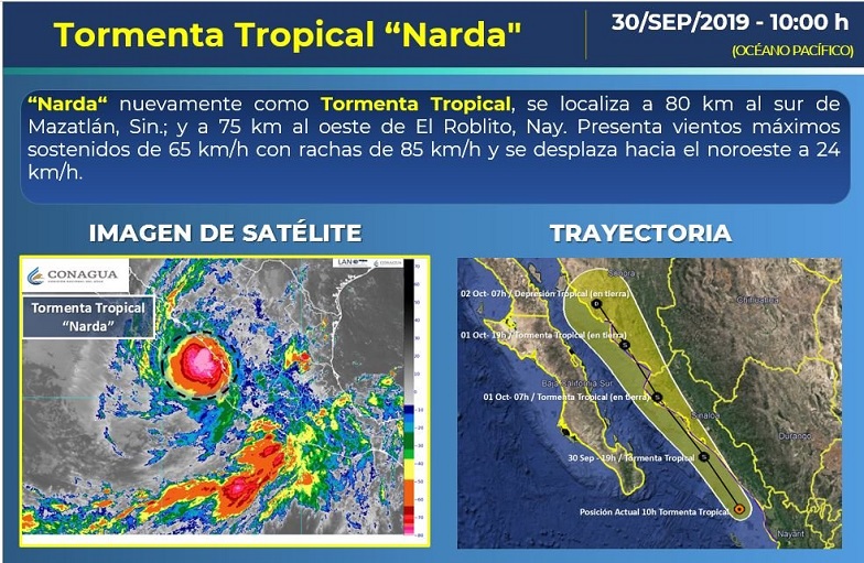 Narda recobra fuerza y vuelve a ser tormenta tropical - narda
