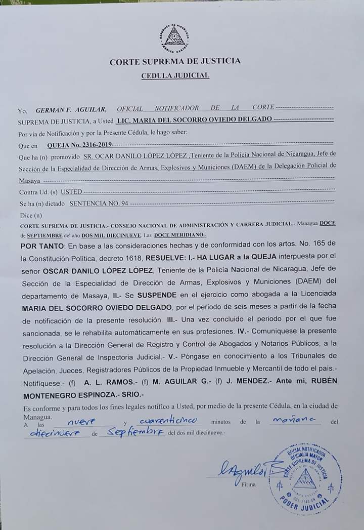 Nicaragua suspende a defensora de derechos humanos por golpear a policía - resolucion