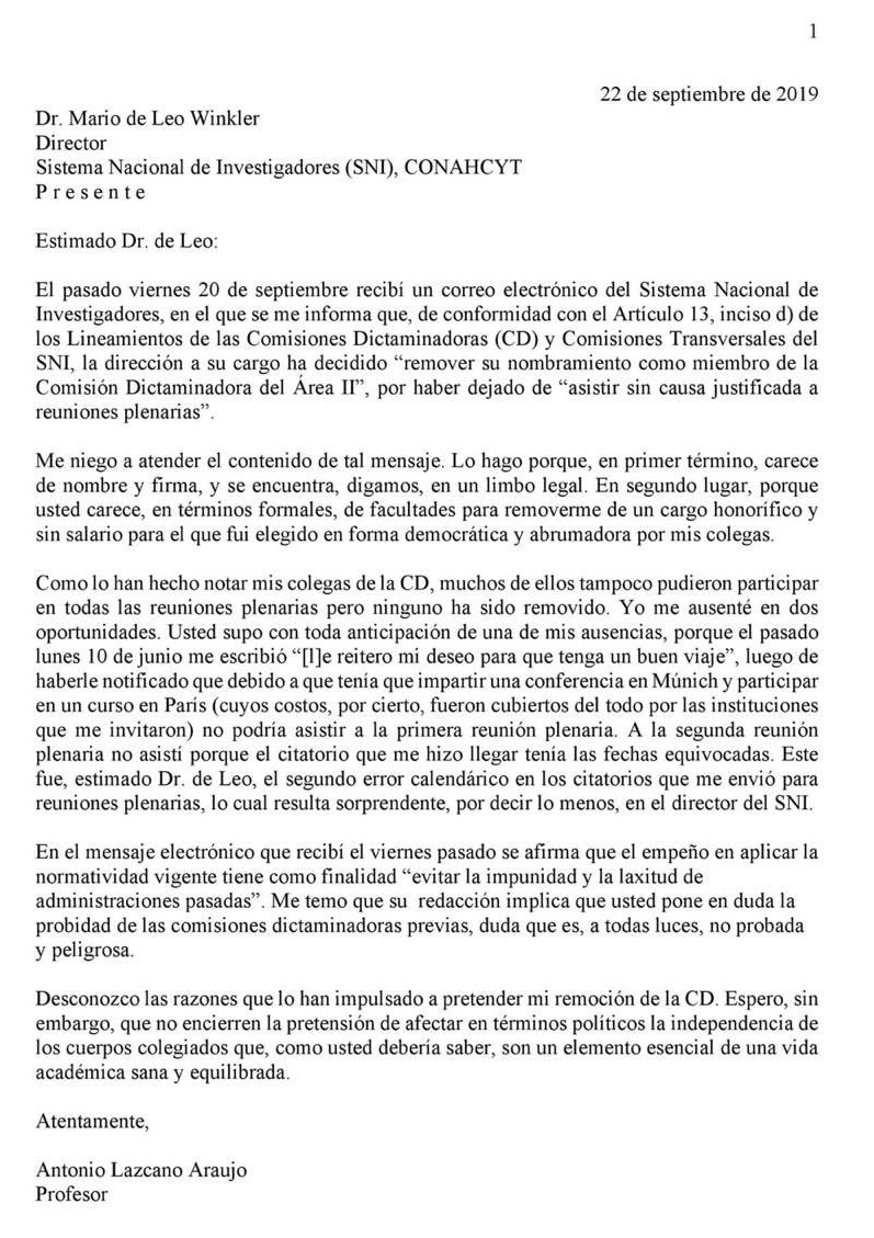 Antonio Lazcano no atenderá destitución en SNI; pide no afectar la independencia de comisiones - respuesta-de-antonio-lazcano-a-su-destitucion-en-el-sni