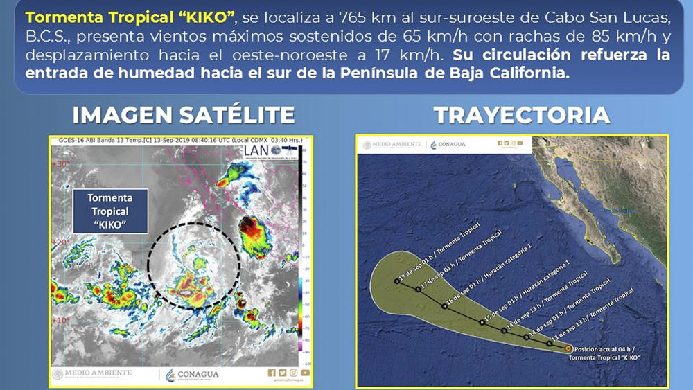Tormenta tropical Kiko se localiza a 765 km de Cabo San Lucas