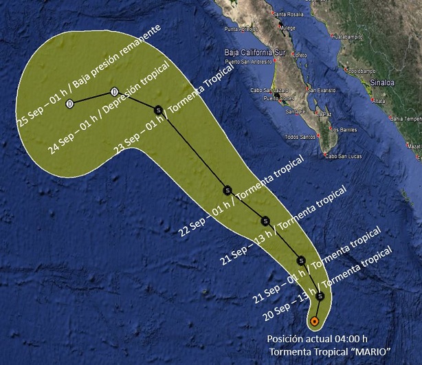 Tormenta tropical Mario se fortalece al sur de Baja California - trayectoria-de-mario