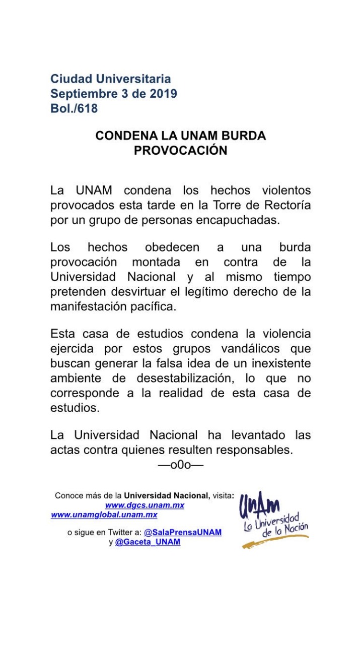 UNAM condena actos vandálicos en la Torre de Rectoría de CU - whatsapp-image-2019-09-03-at-163537-1