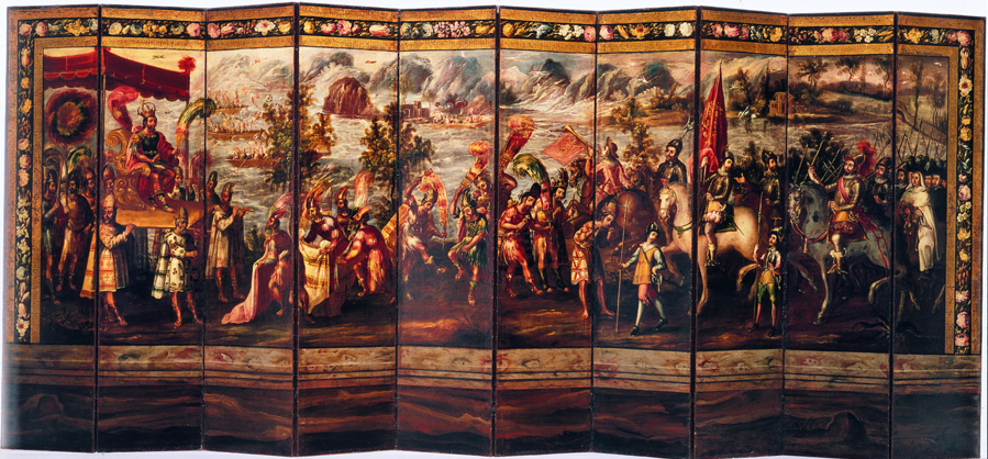 500 años del encuentro entre Motecuhzoma y Cortés - biombo