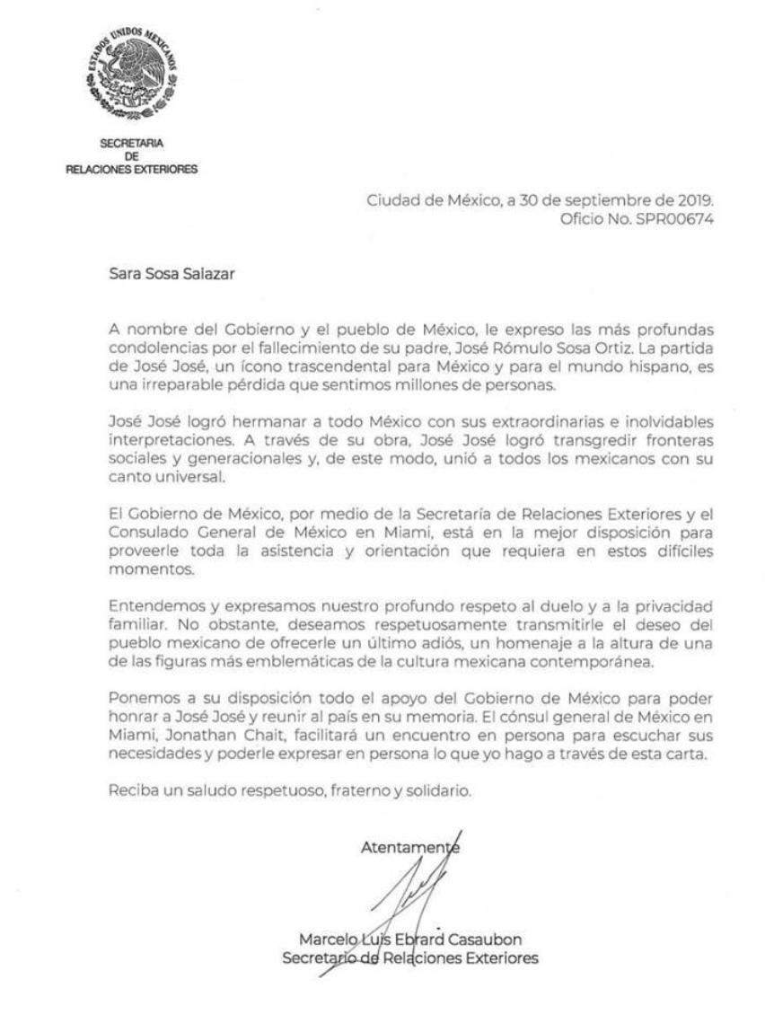 Marcelo Ebrard envía carta a Sarita tras muerte de José José - carta