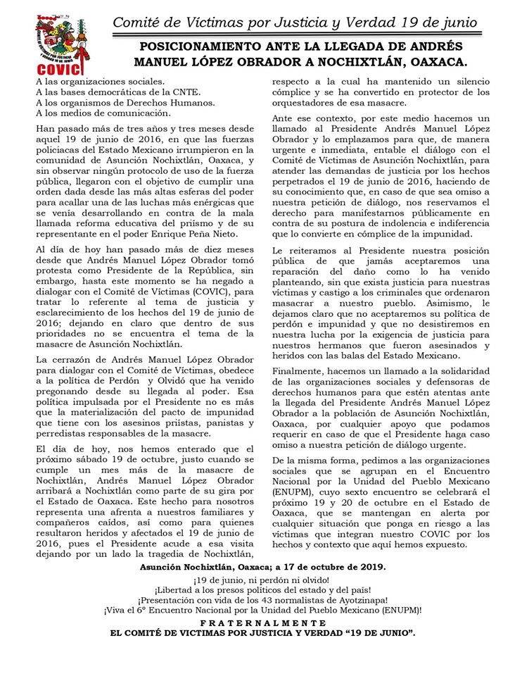 Víctimas de Nochixtlán reprueban visita de López Obrador - covic-nochixtlan