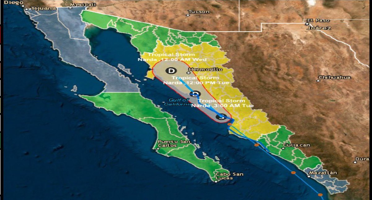 Alerta Amarilla en Sonora y Sinaloa por tormenta Narda
