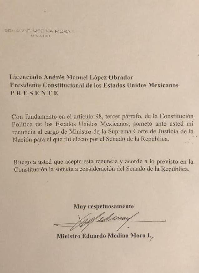 Medina Mora renunció para atender denuncias en manos de la FGR, asegura AMLO - renuncia-medina-mora
