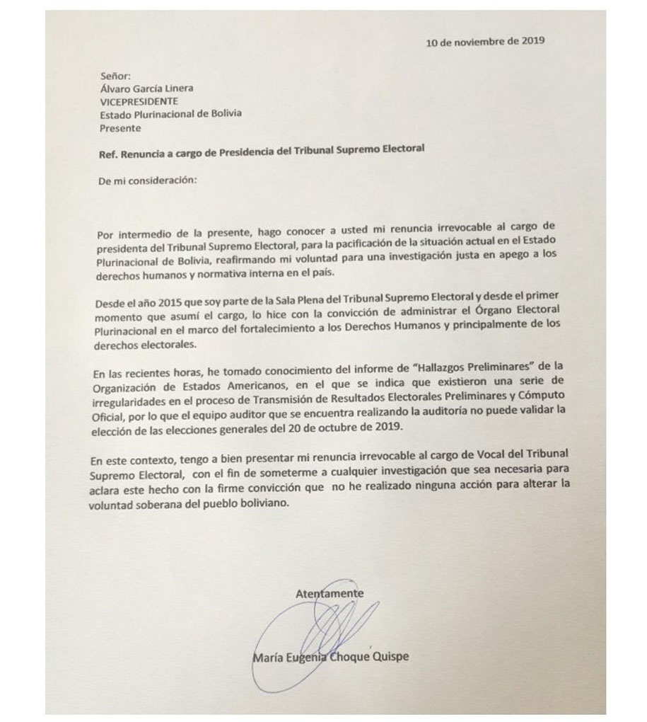 Renuncia la presidenta del Tribunal Supremo Electoral de Bolivia - carta-de-renuncia-de-la-presidenta-del-tribunal-supremo-electoral-de-bolivia