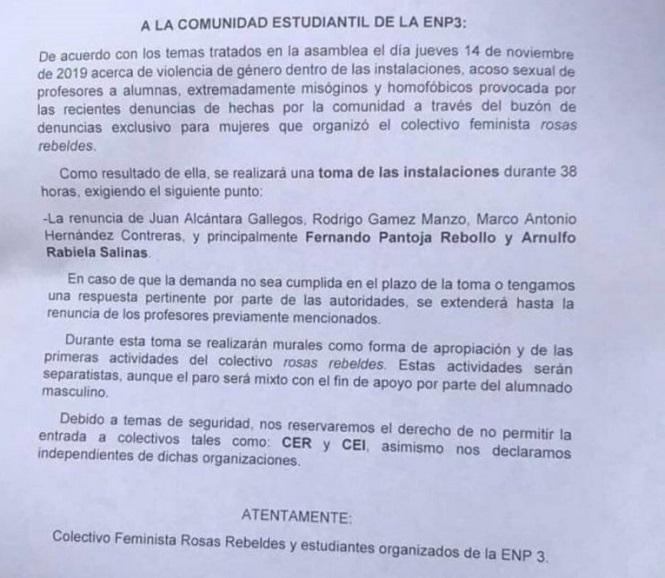 Jóvenes encapuchadas toman la Prepa 3; acusan violencia de género - carta-del-colectivo-feminista-rosas-rebeldes