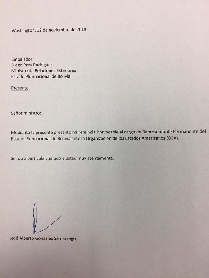 Renuncia embajador de Bolivia ante la OEA - carta