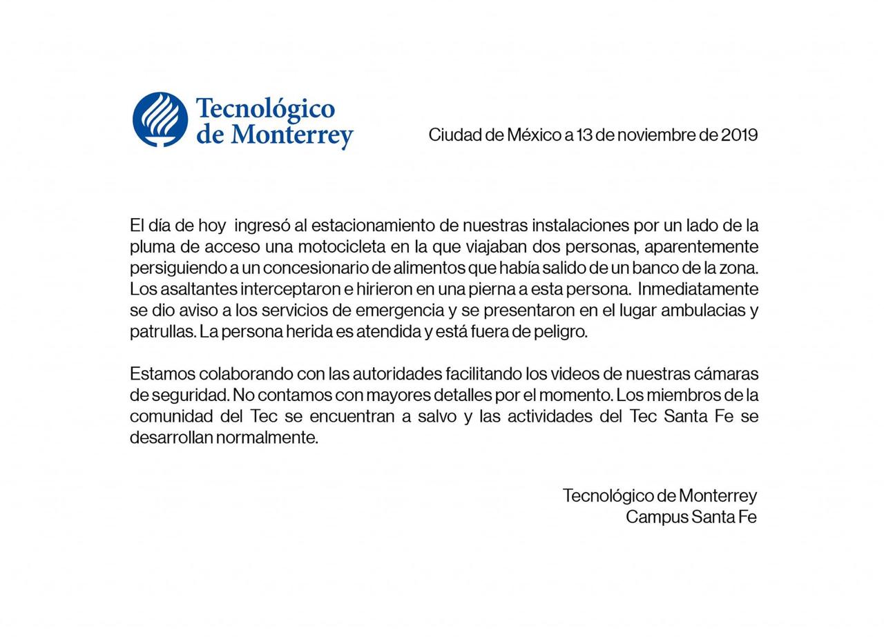 Movilización policiaca en estacionamiento del Tec de Monterrey campus Santa Fe; hay un herido - comunicado-tec-de-mty