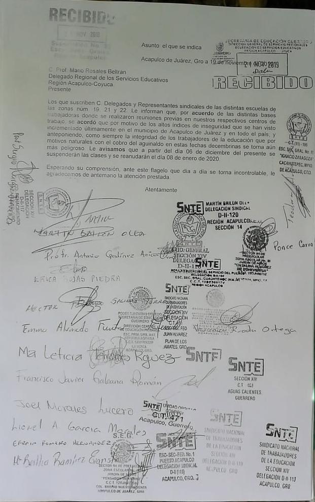 Maestros de Acapulco adelantan vacaciones por la inseguridad - oficio-maestros-vacaciones-fin-de-ano