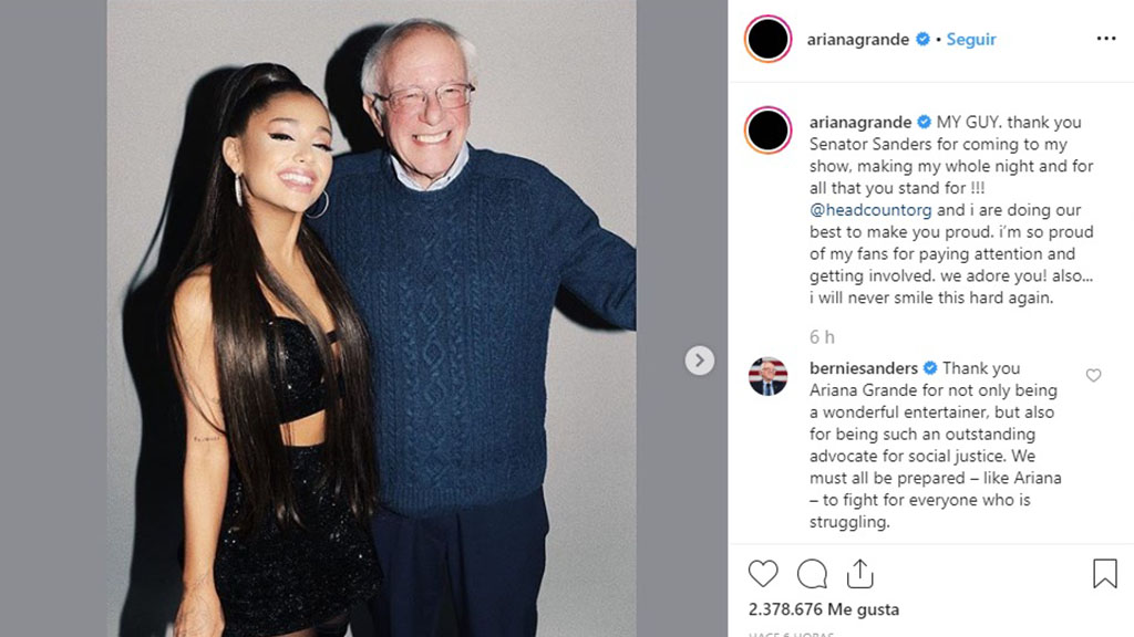 Ariana Grande pide a jóvenes apoyar a Bernie Sanders - respuesta-de-sanders-a-ariana-grande-en-instagram