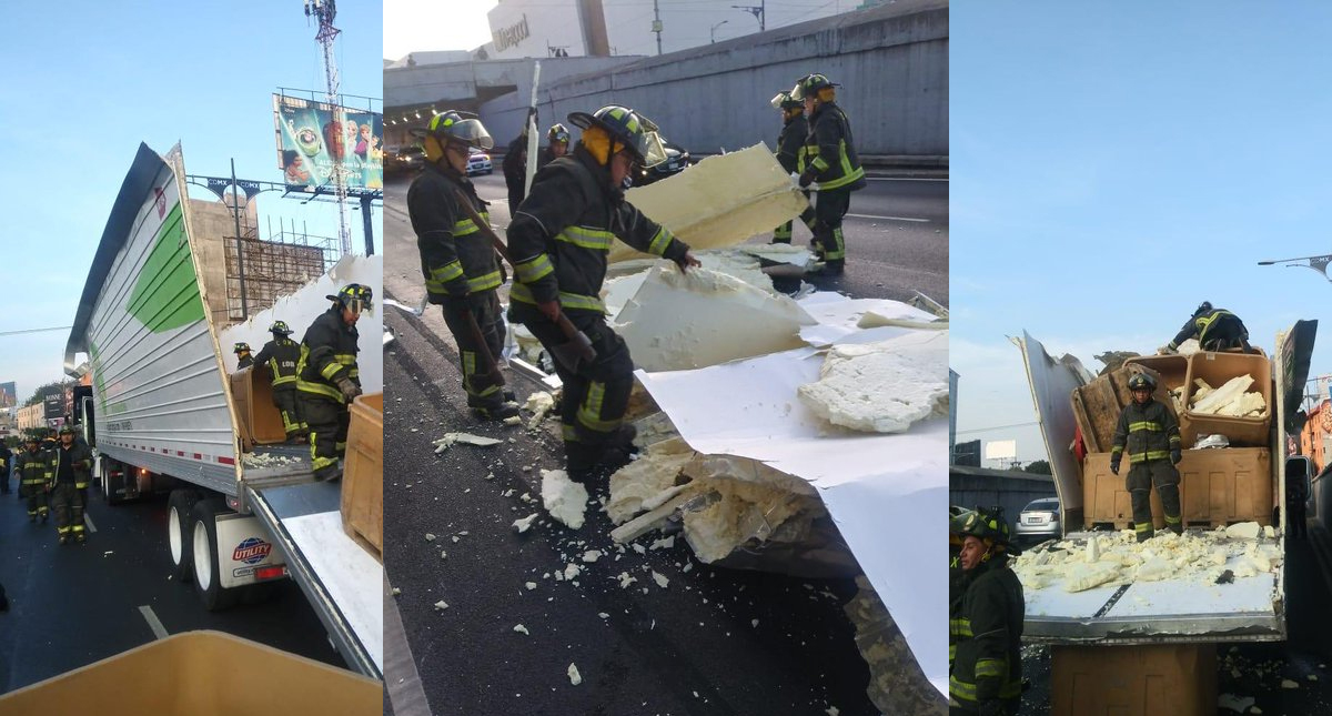 Tráiler choca contra paso a desnivel y tira 46 cajas en el Viaducto