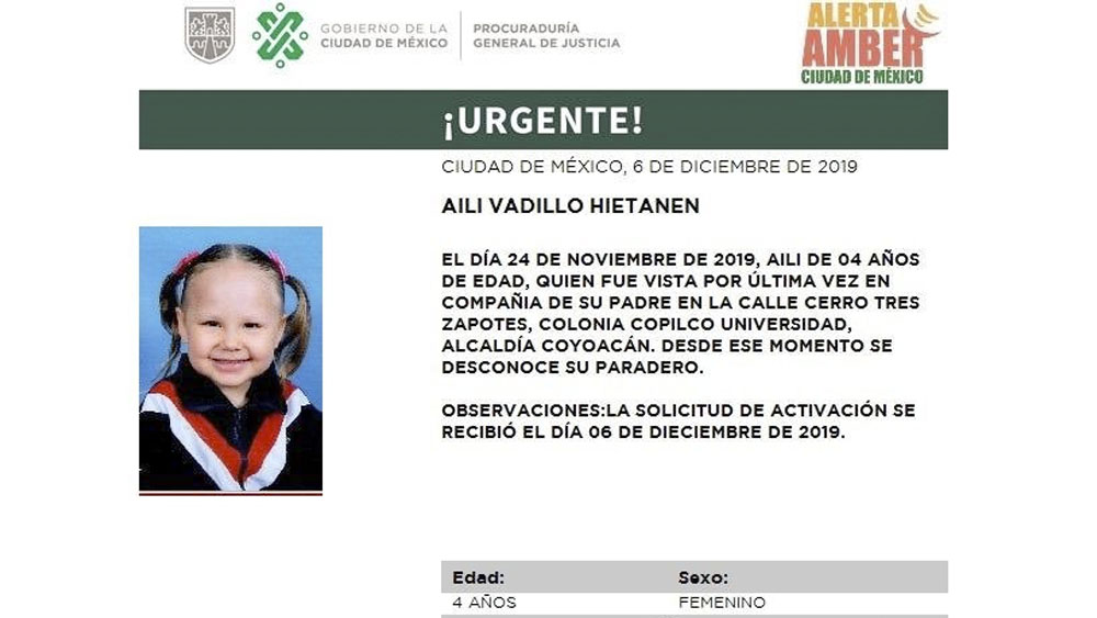 Desaparece niña finlandesa de cuatro años en Coyoacán Desaparece niña finlandesa de cuatro años en Coyoacán