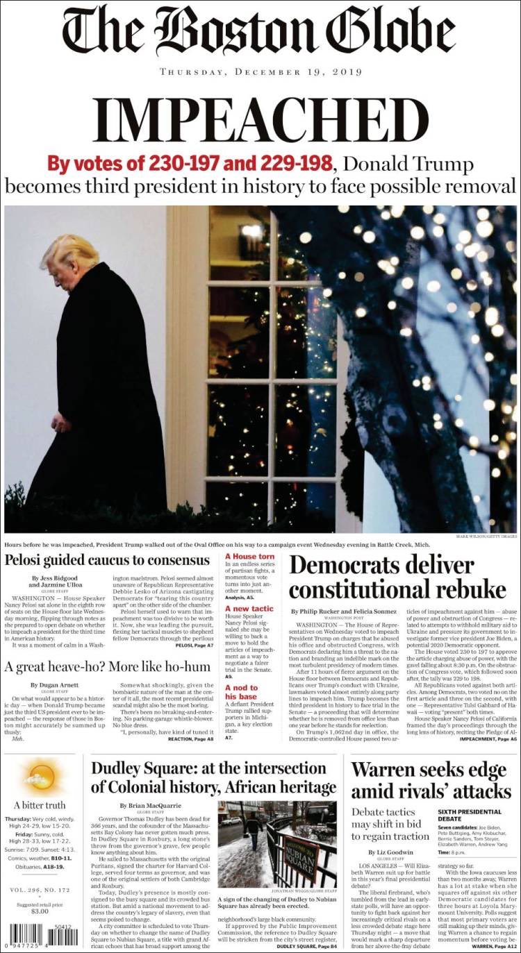 Impeachment de Trump acapara primeras planas en prensa de EE.UU. - portada-del-the-boston-globe-sobre-impeachment-de-trump