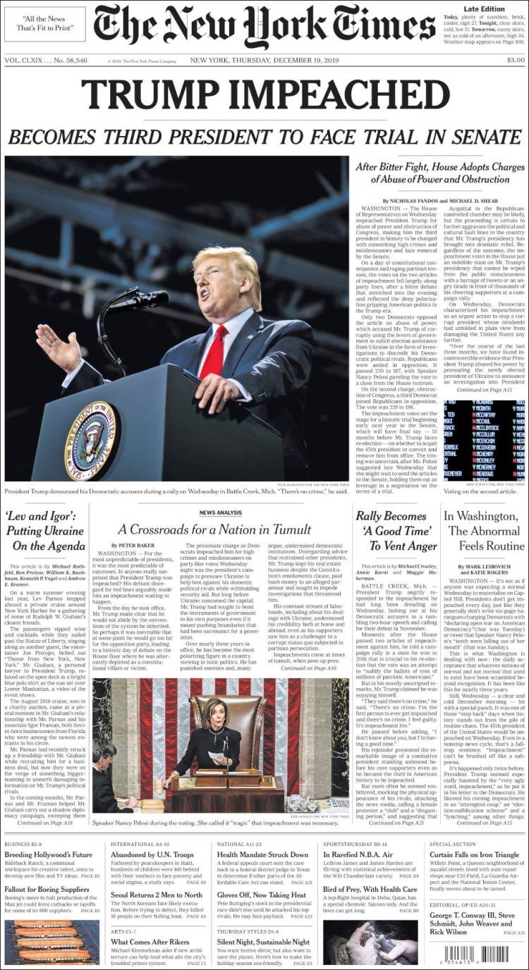 Impeachment de Trump acapara primeras planas en prensa de EE.UU. - portada-del-the-new-york-times-sobre-impeachment-de-trump