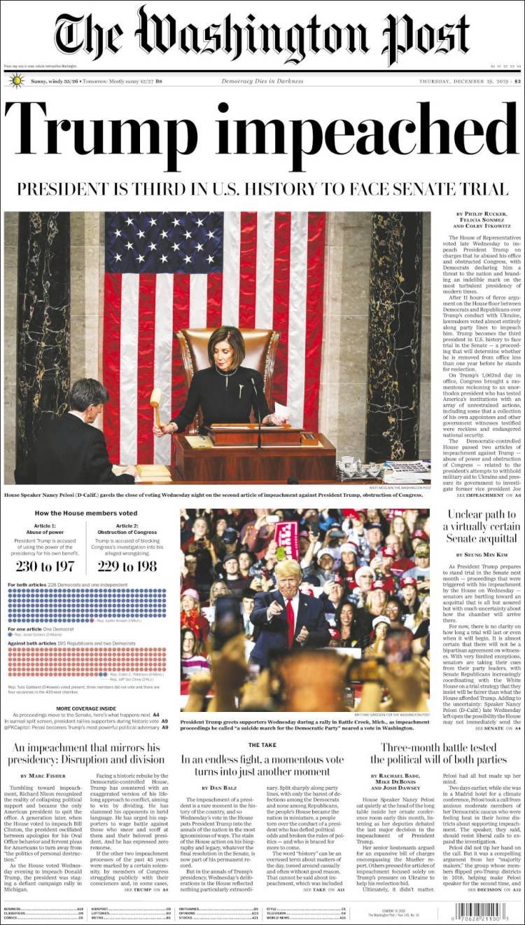 Impeachment de Trump acapara primeras planas en prensa de EE.UU. - portada-del-the-washington-post-sobre-impeachment-de-trump