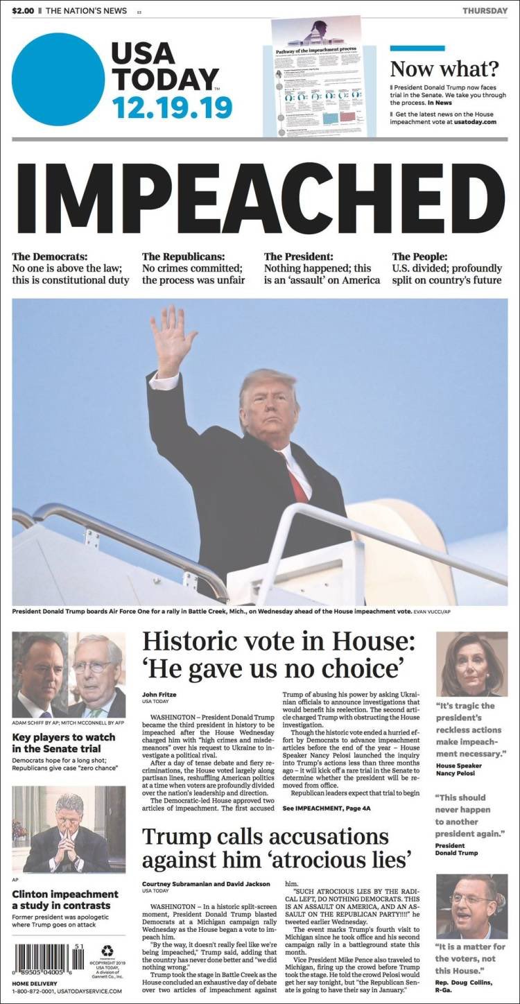 Impeachment de Trump acapara primeras planas en prensa de EE.UU. - portada-del-usa-today-sobre-impeachment-de-trump