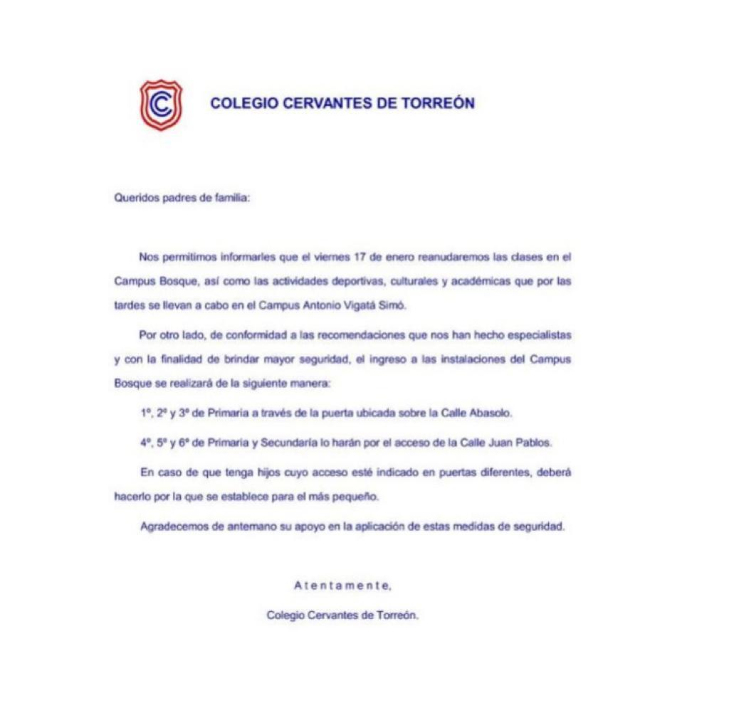 Colegio Cervantes de Torreón reanuda clases este viernes - colegio-cervantes-reanudacion-clases