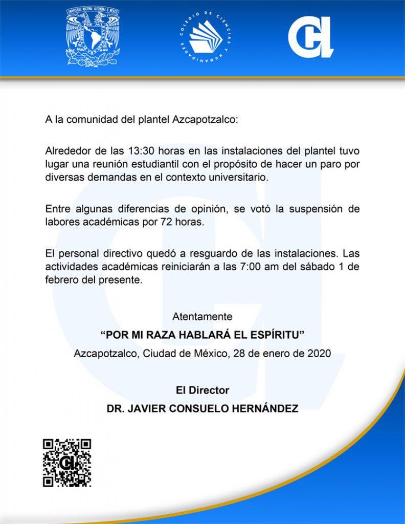 CCH Azcapotzalco entra en paro de 72 horas - comunicado-del-cch-azcapotzalco-sobre-paro