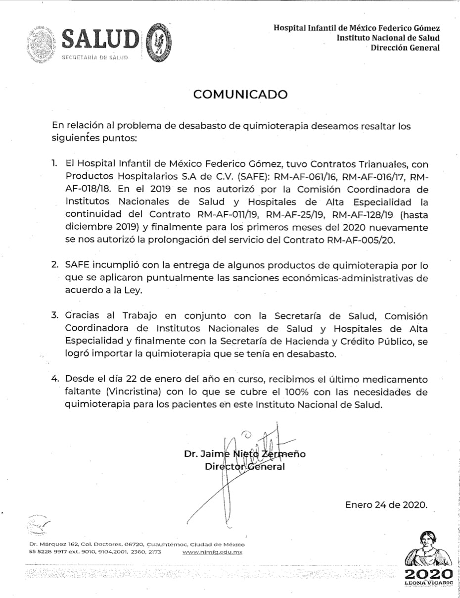 Cubierto al 100 por ciento abasto de medicamentos en Hospital Infantil de México - comunicado-desabasto