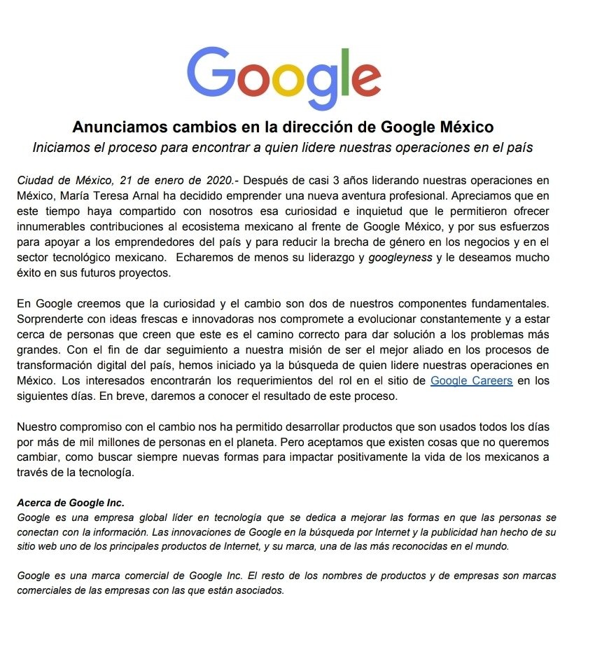María Teresa Arnal deja la dirección general de Google México - comunicado-google-mexico