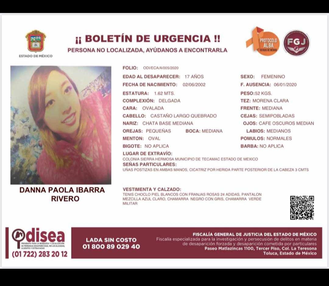 Piden ayuda para localizar a joven en Edomex - danna-paola-ibarra-rivero-edomex