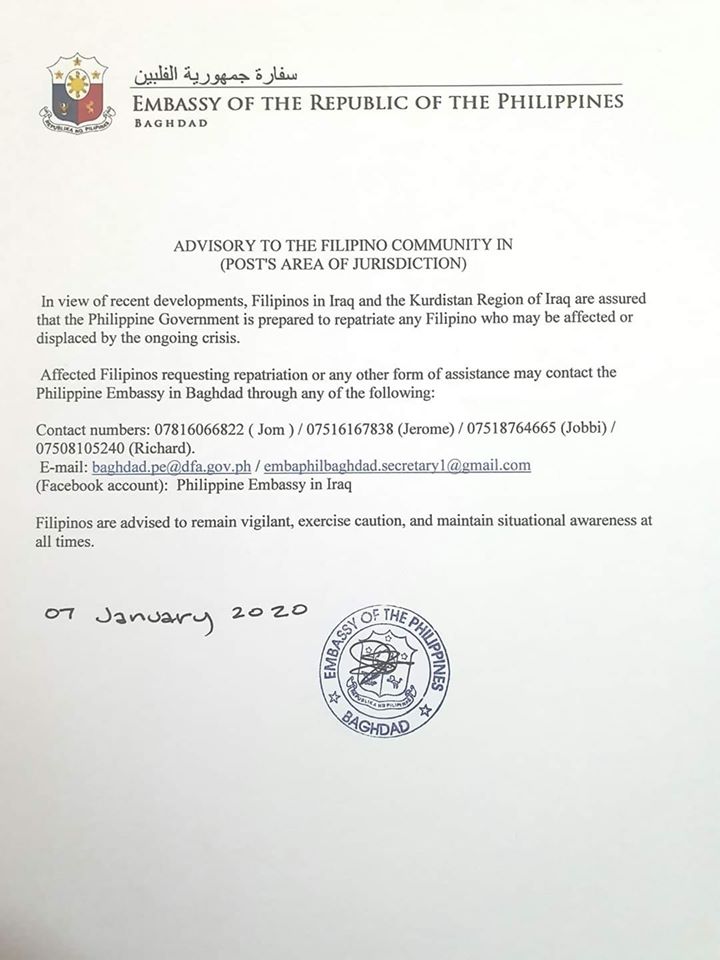 Filipinas ordena repatriación obligatoria de ciudadanos en Irak - embajada-filipinas
