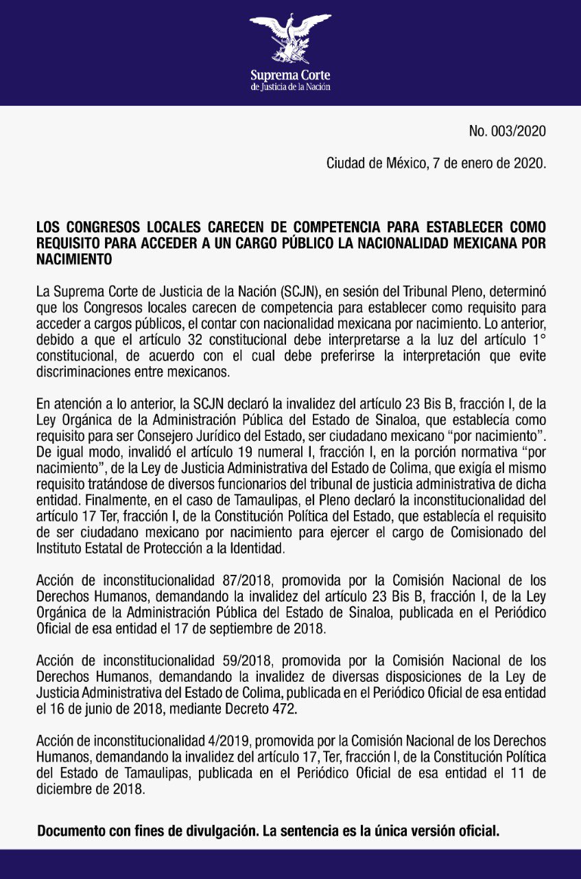 Legislaturas locales no pueden establecer requisitos de nacionalidad, resuelve la SCJN - ent7sd-uwaab0ii