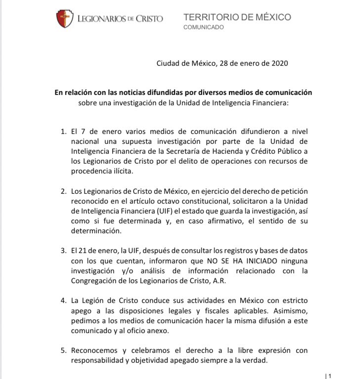 Legionarios de Cristo niegan investigación de la UIF en su contra - epyr4kjucaaja6b