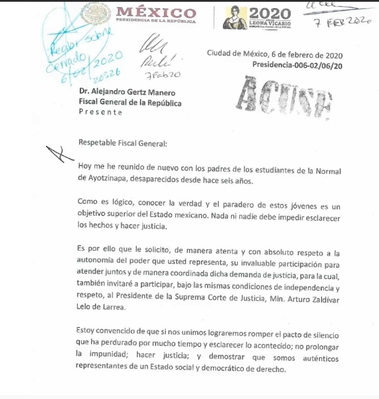 Convoca AMLO al ministro Zaldívar y al fiscal Gertz a trabajar en conjunto para resolver caso Ayotzinapa - carta-gertz-ayotzinapa-amlo