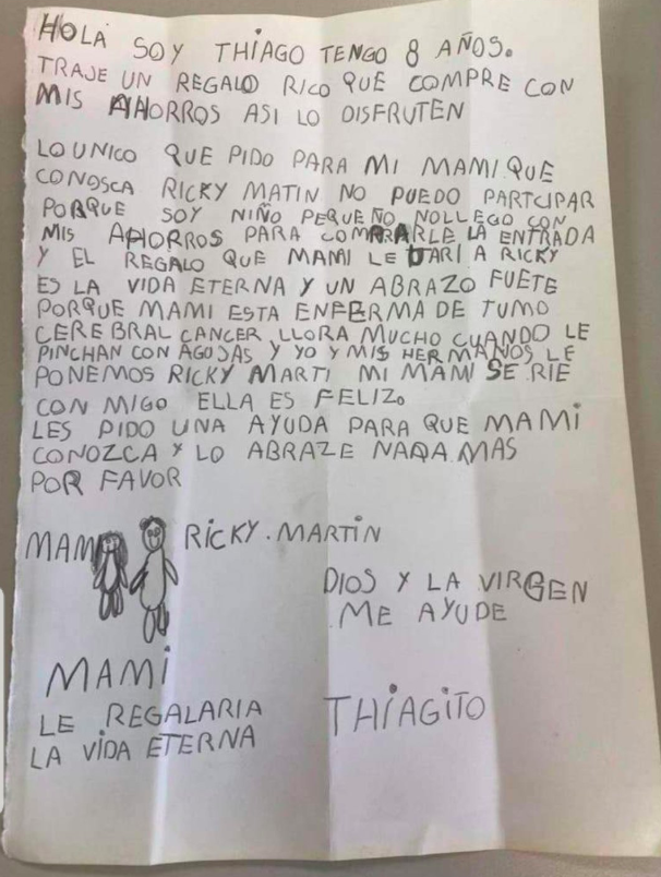 Niño pide en carta que su mamá pueda conocer a Ricky Martin - carta-thiago-nino