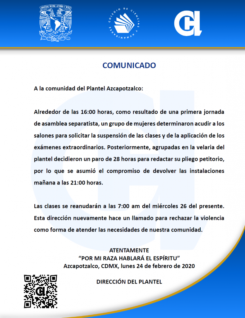 Alumnas implementan paro en CCH Azcapotzalco - comunicado-de-paro-de-labores-en-el-cch-azcapotzalco