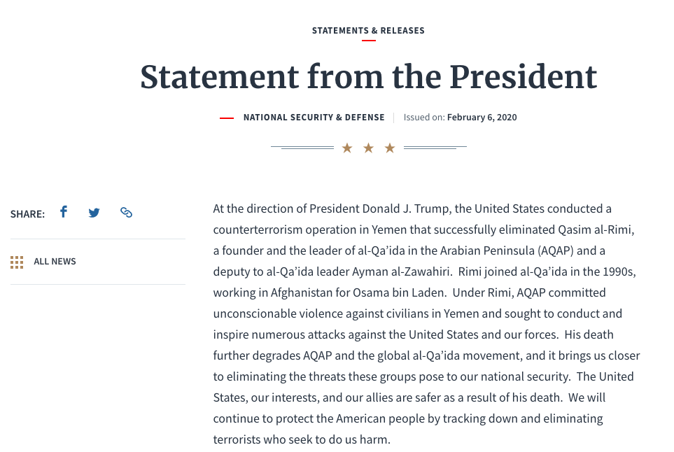 Trump confirma que Estados Unidos mató en enero al líder de Al Qaeda en Yemen - municado-rimi