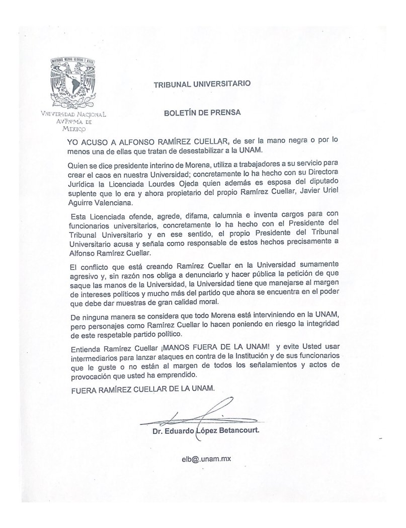 UNAM desconoce supuesto comunicado con señalamientos contra Ramírez Cuéllar - supuesto-boletin-unam