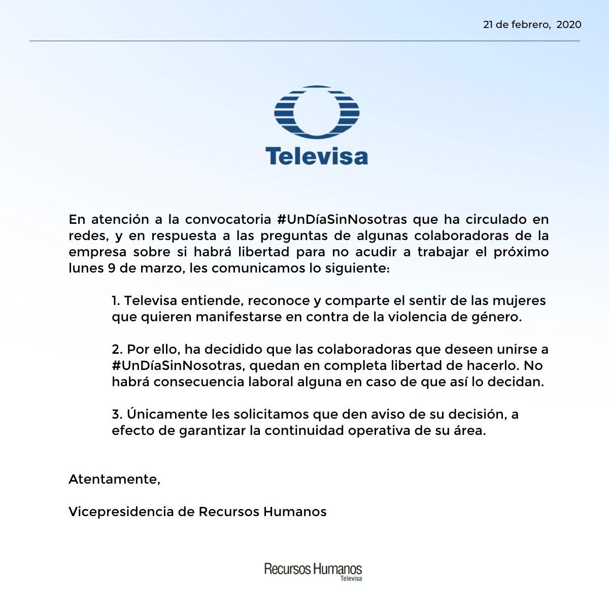 Televisa apoya a colaboradoras que quieran unirse a ‘Un día sin nosotras’ - televisa-diasinnosotras