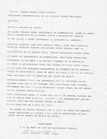 Revelan carta que la madre del Chapo entregó a López Obrador - carta-de-madre-del-chapo-a-amlo