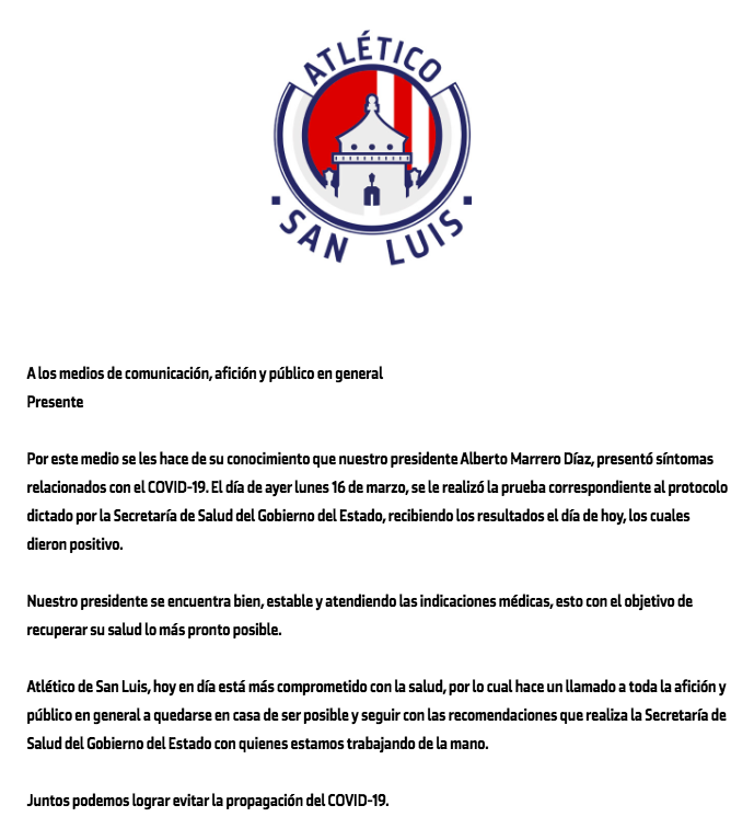 Presidente del Atlético San Luis da positivo a COVID-19 - comunicado-san-luis