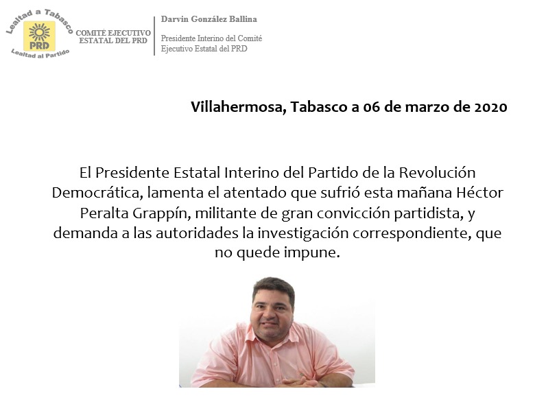 PRD exige castigo a responsables de ataque contra exalcalde de Comalcalco, Tabasco - condena-prd-estatal