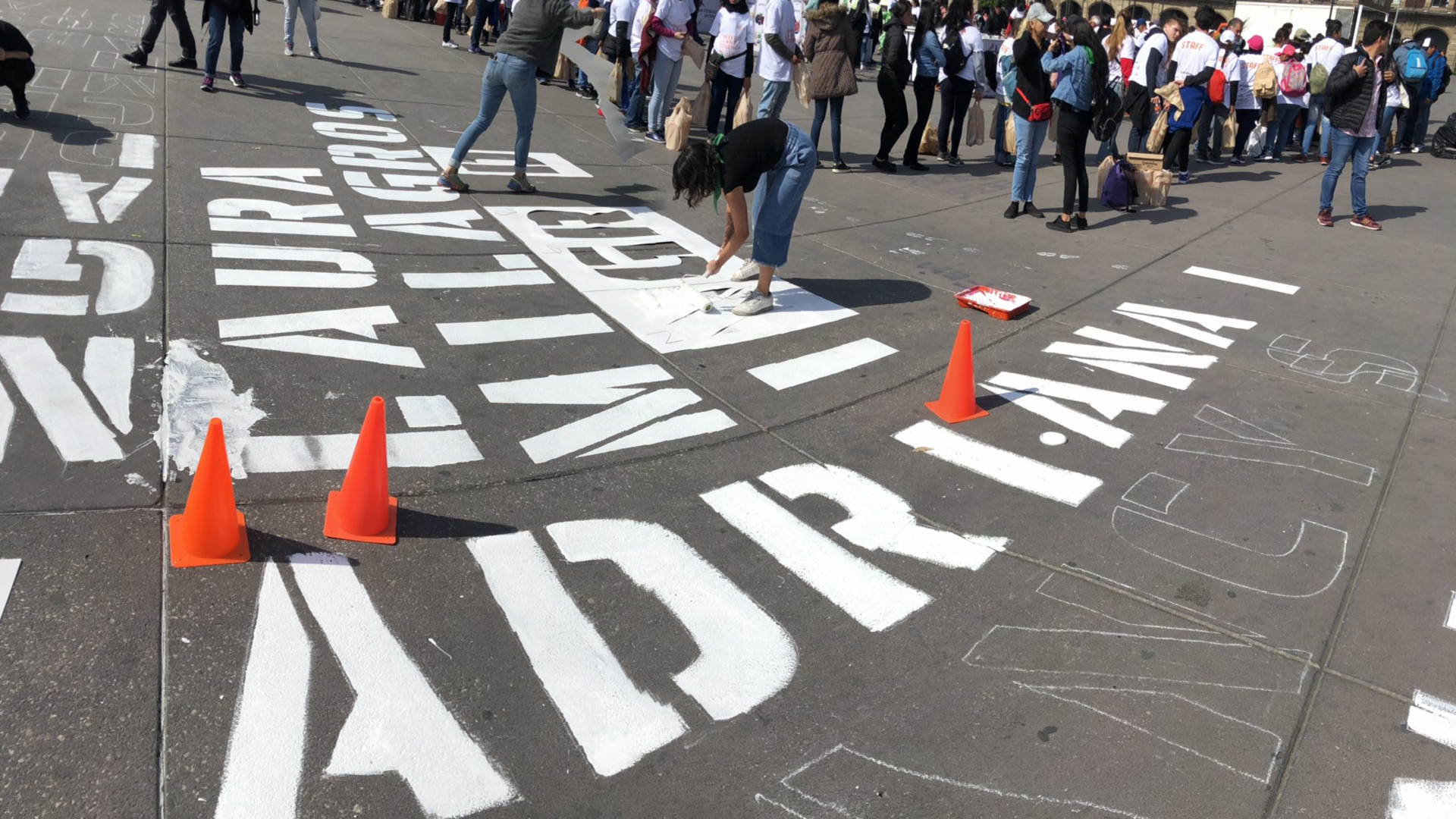 Pintan en Zócalo capitalino nombres de víctimas de feminicidio