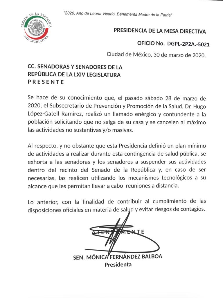 Suspenden actividades en el Senado por COVID-19 - senado-prevencion-covid-19