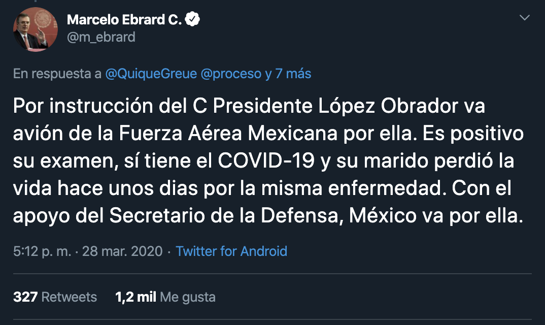 Fuerza Aérea repatriará a viuda de mexicano muerto en Perú por COVID-19 - tuit-marcelo-ebrard