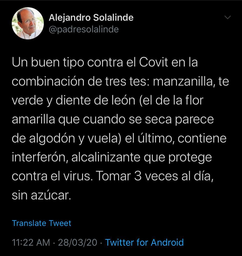 Retiran tuits con información falsa sobre COVID-19 que publicó Solalinde - tuit-padre-solalinde
