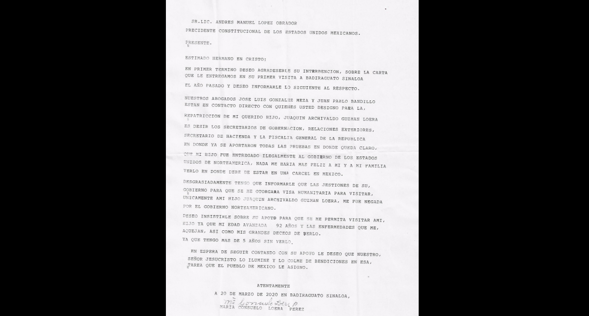 La carta que dirigió la mamá de “El Chapo” Guzmán a López Obrador